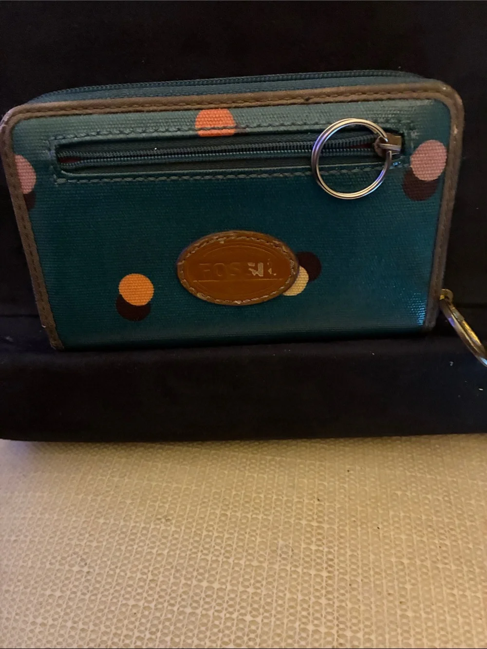 Fossil Teal Polka Dot Wristlet Wallet with Key Ring-Coated Canvas